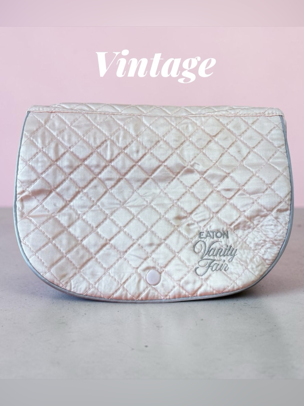 Vintage Eaton Vanity Fair Pink Quilted Satin Makeup Bag Travel Case with Mirror